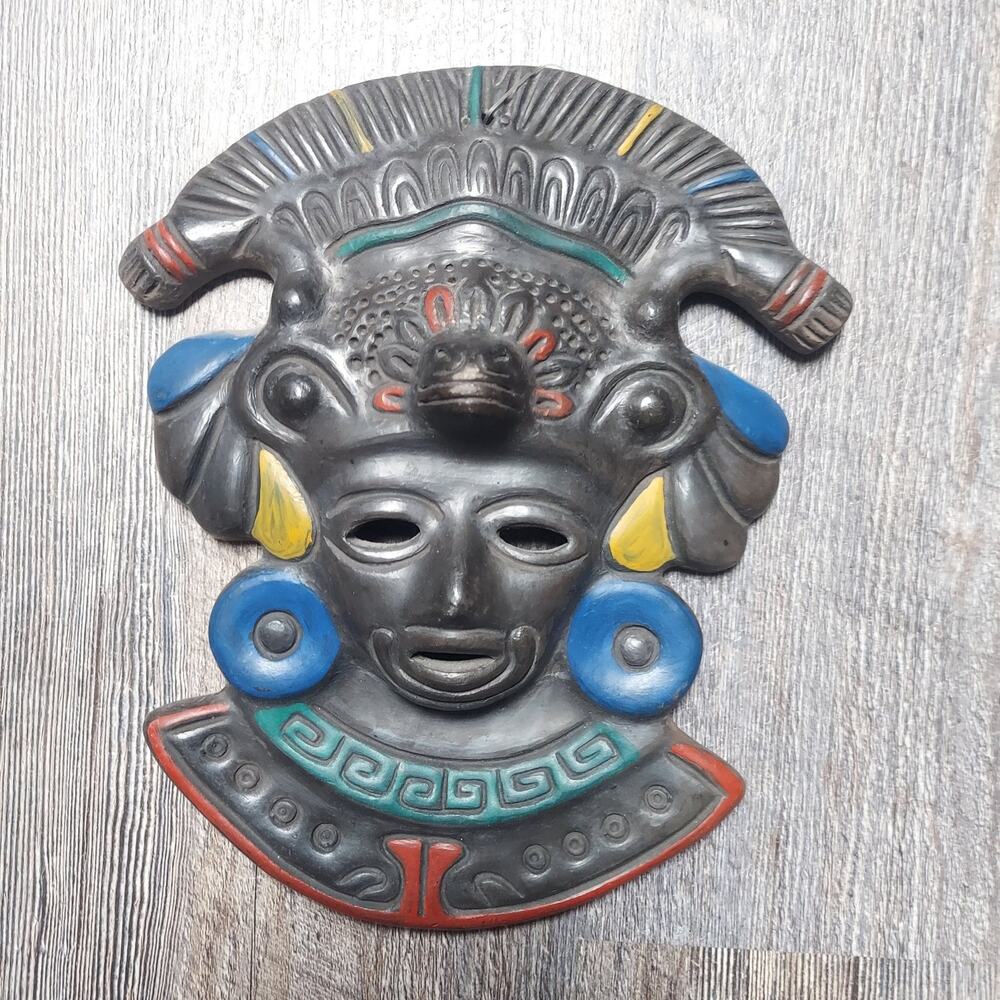 Large Vintage Mexican Black Clay Folk Art Aztec Mask